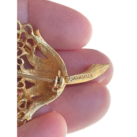 Vintage Mamselle Gold-Tone Filigree Floral Leaf Brooch Pin - Picture 4 of 11